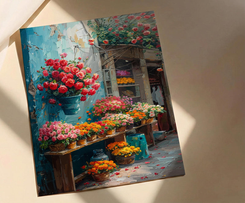 Mexico Flower Market, Red Rose Art Print - Orange Marigold Decor