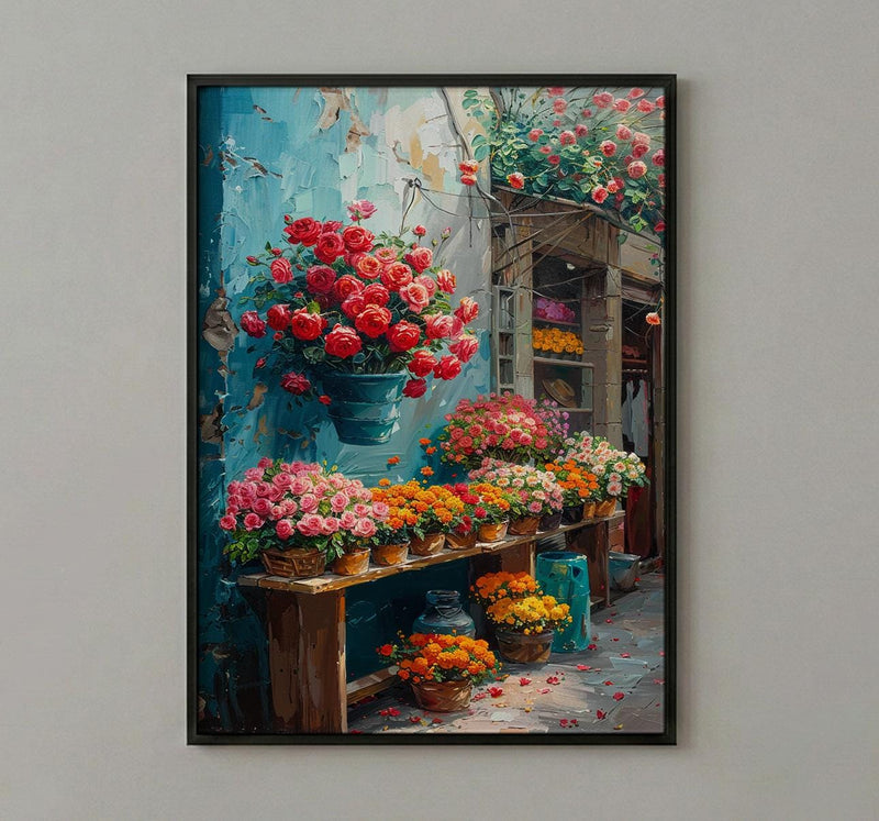 Mexico Flower Market, Red Rose Art Print - Orange Marigold Decor