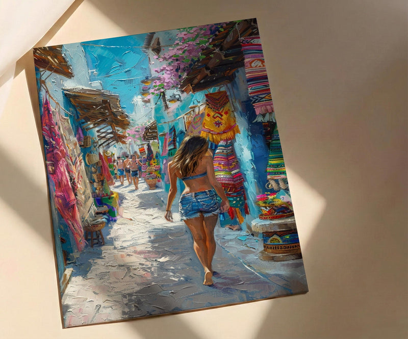 Cancun Market Poster, Mexico Souvenir Decor - Colorful Blanket Art