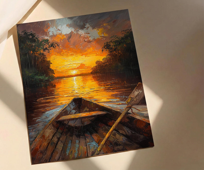 Amazon River Sunset Poster, Tropical Jungle Travel Decor - Glowing Orange Summer Water View