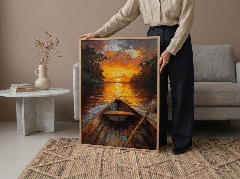 Amazon River Sunset Poster, Tropical Jungle Travel Decor - Glowing Orange Summer Water View