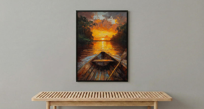 Amazon River Sunset Poster, Tropical Jungle Travel Decor - Glowing Orange Summer Water View