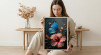 Blue Morpho Butterfly Wall Art, Costa Rica Decor - Pink Hibiscus Flower Summer View