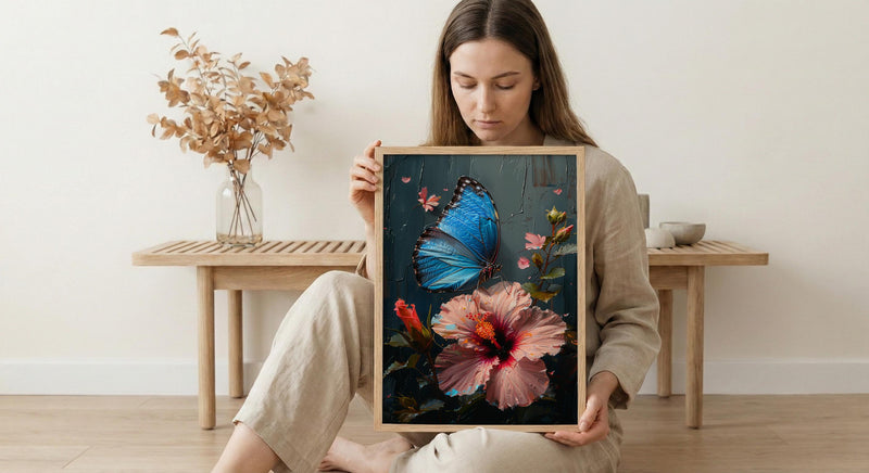 Blue Morpho Butterfly Wall Art, Costa Rica Decor - Pink Hibiscus Flower Summer View