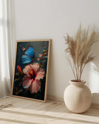 Blue Morpho Butterfly Wall Art, Costa Rica Decor - Pink Hibiscus Flower Summer View
