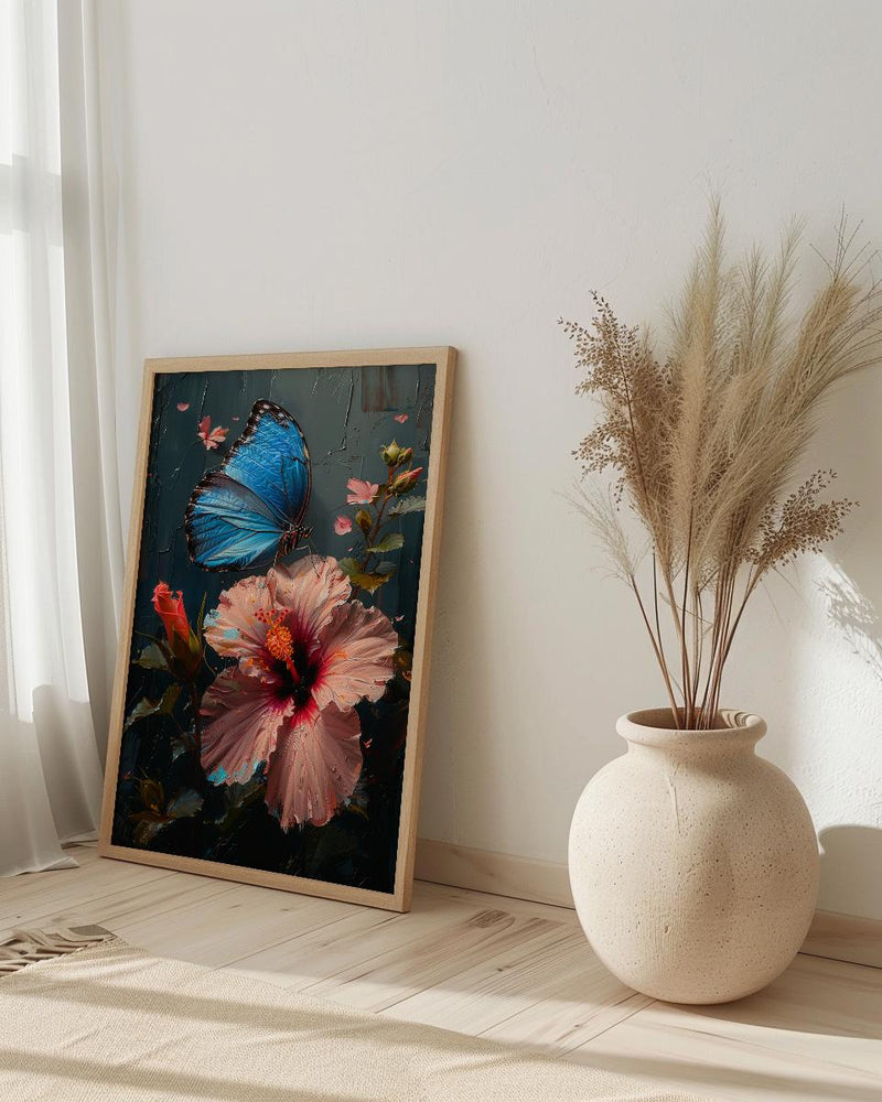 Blue Morpho Butterfly Wall Art, Costa Rica Decor - Pink Hibiscus Flower Summer View