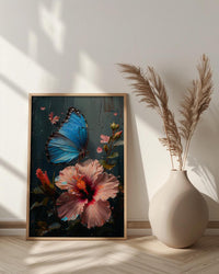 Blue Morpho Butterfly Wall Art, Costa Rica Decor - Pink Hibiscus Flower Summer View
