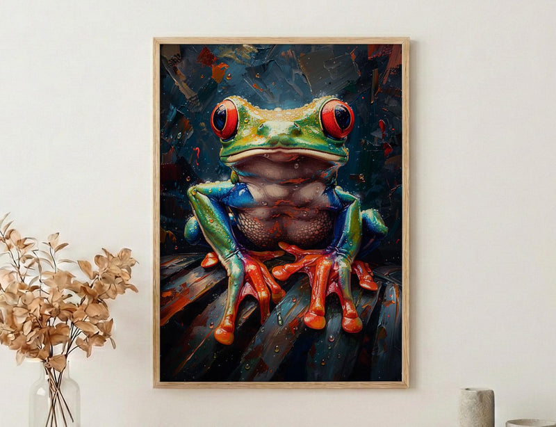 Exotic Tree Frog Art Print, Tropical Nature Decor - Green Palm Leaf Summer Rain