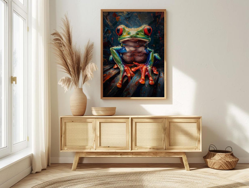 Exotic Tree Frog Art Print, Tropical Nature Decor - Green Palm Leaf Summer Rain