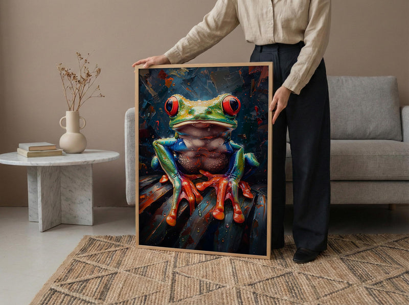 Exotic Tree Frog Art Print, Tropical Nature Decor - Green Palm Leaf Summer Rain