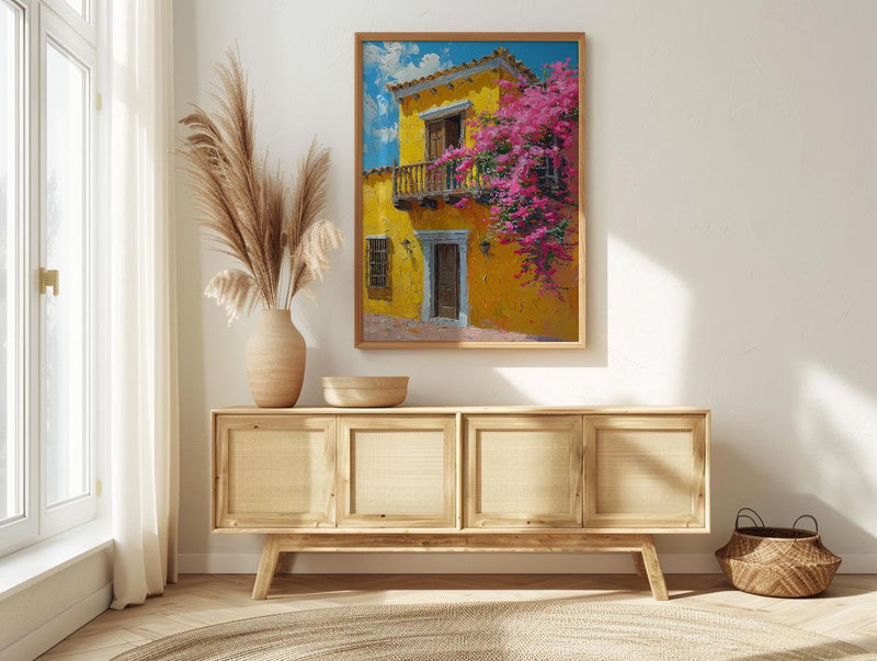 Cartagena Yellow Facade Wall Art, Colombia City Decor - Pink Bougainvillea Balcony Summer View