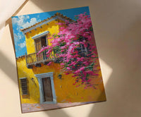Cartagena Yellow Facade Wall Art, Colombia City Decor - Pink Bougainvillea Balcony Summer View