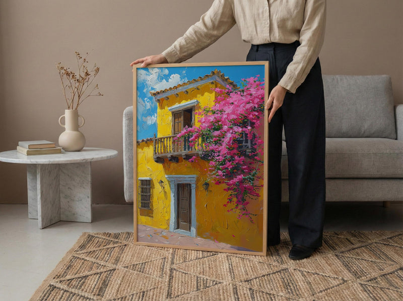 Cartagena Yellow Facade Wall Art, Colombia City Decor - Pink Bougainvillea Balcony Summer View