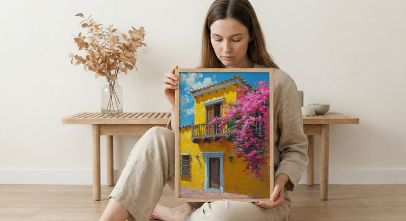 Cartagena Yellow Facade Wall Art, Colombia City Decor - Pink Bougainvillea Balcony Summer View