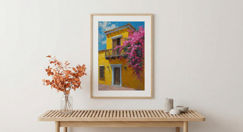 Cartagena Yellow Facade Wall Art, Colombia City Decor - Pink Bougainvillea Balcony Summer View