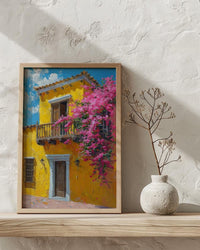 Cartagena Yellow Facade Wall Art, Colombia City Decor - Pink Bougainvillea Balcony Summer View
