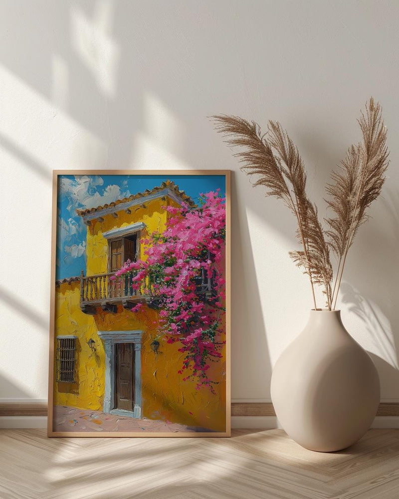 Cartagena Yellow Facade Wall Art, Colombia City Decor - Pink Bougainvillea Balcony Summer View