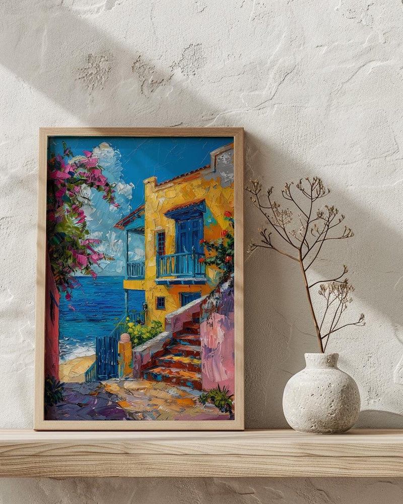 Old San Juan Poster, Puerto Rico Coastal Decor - Blue Cobblestone Street Summer Sky