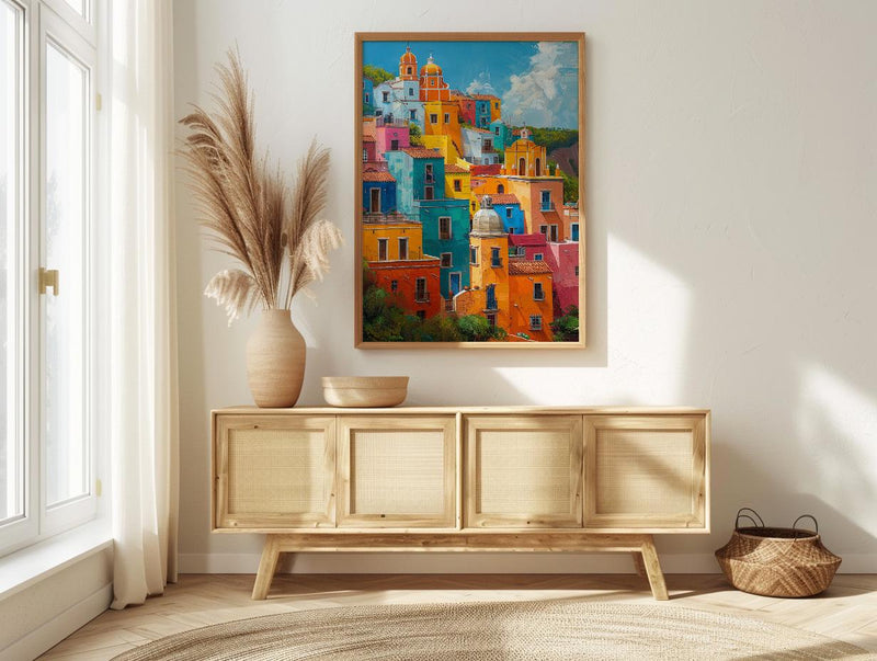 Guanajuato Colorful Hill Wall Art, Mexico City Decor - Bright Summer Sunshine Panoramic View