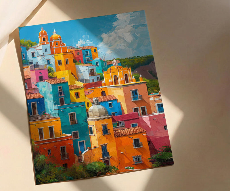 Guanajuato Colorful Hill Wall Art, Mexico City Decor - Bright Summer Sunshine Panoramic View