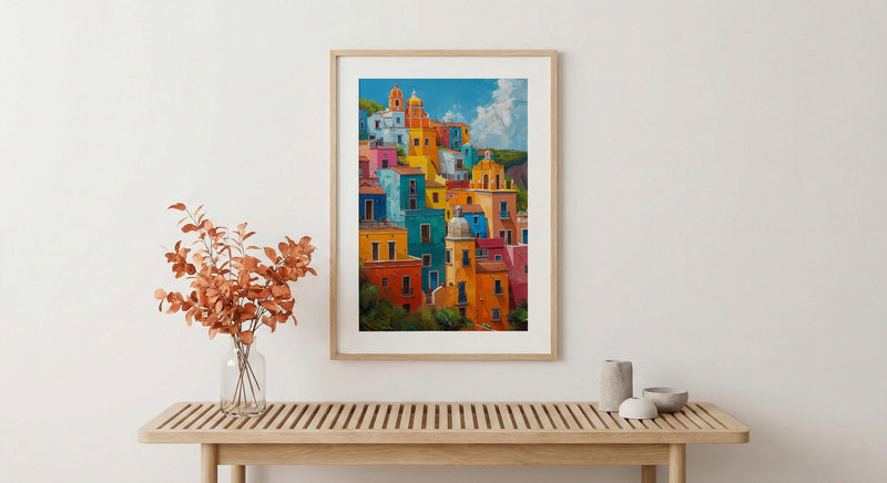 Guanajuato Colorful Hill Wall Art, Mexico City Decor - Bright Summer Sunshine Panoramic View