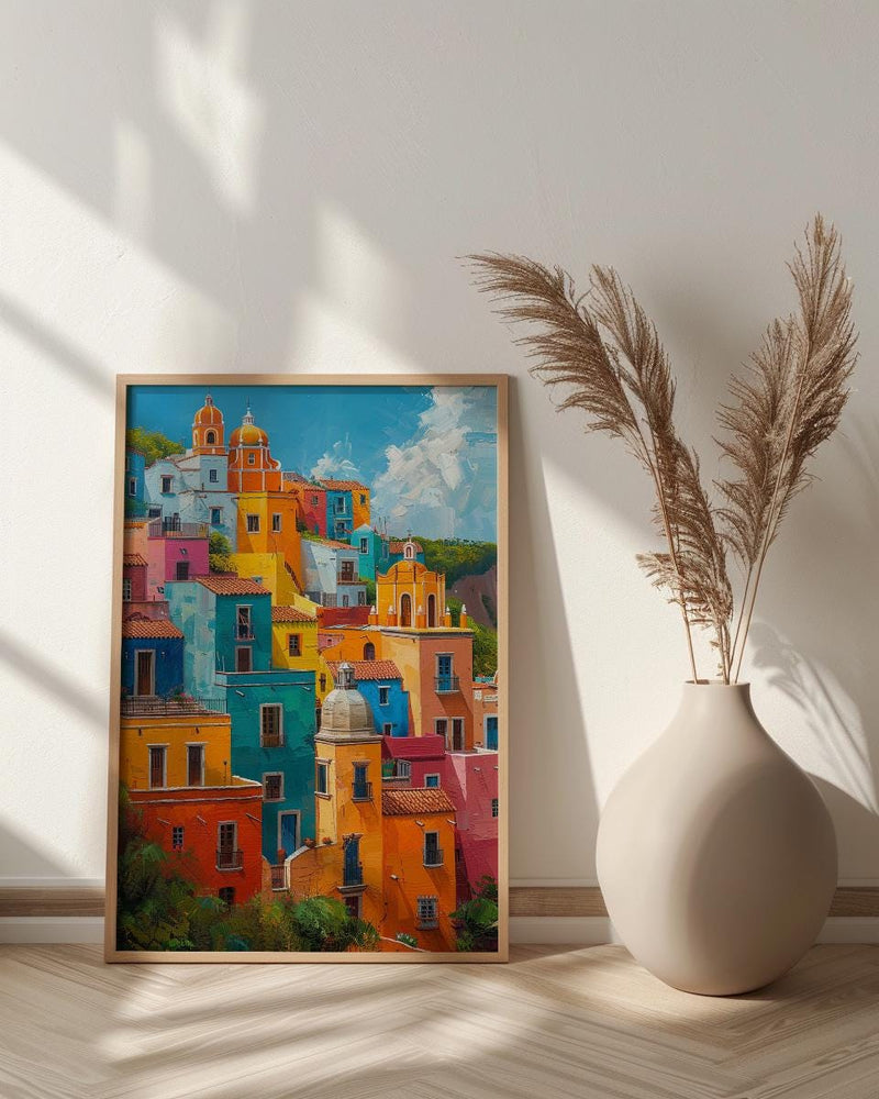 Guanajuato Colorful Hill Wall Art, Mexico City Decor - Bright Summer Sunshine Panoramic View