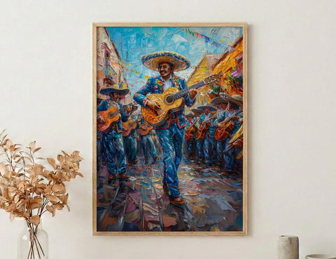 Mexico Mariachi Art Print, Sunny Plaza Decor - Traditional Band