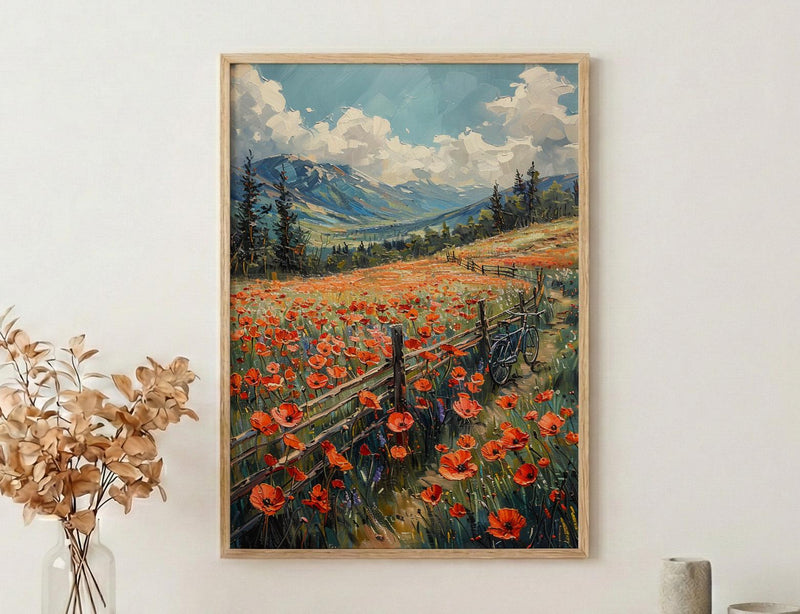 Iraqi Mountain Art Print, Red Poppy Decor - Green Hills Landscape