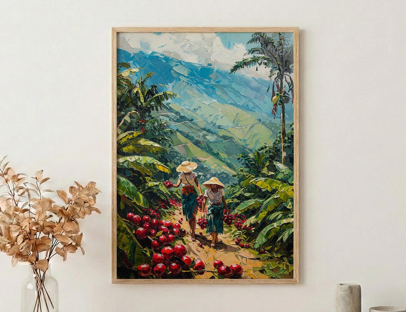 Colombia Coffee Art, Red Cherry Decor - Green Hill Landscape
