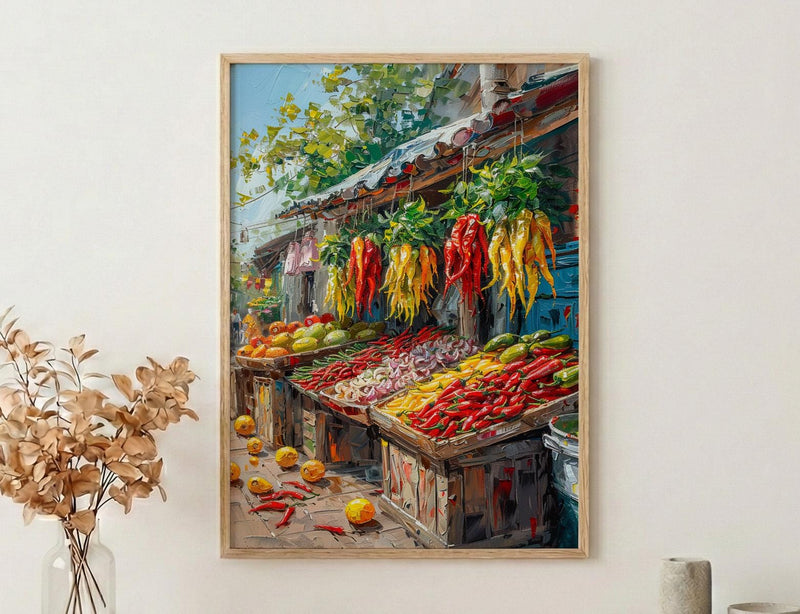 Lima Peru Market Art Print, Red Aji Pepper Decor - Vibrant Food Stall