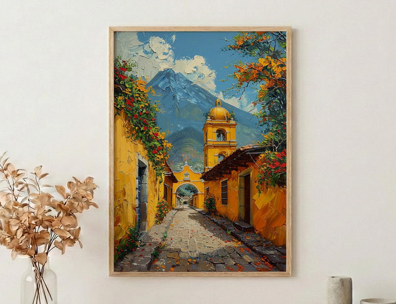 Antigua Spring Poster, Yellow Arch Decor - Volcano Landscape