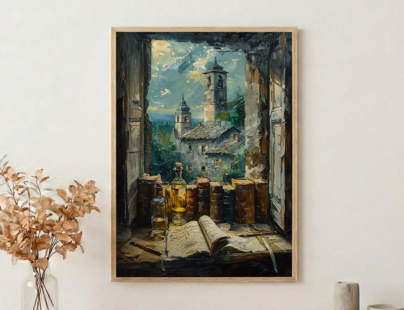 Dark Academia Art Print, Magic Library Decor - Ancient Scroll Window
