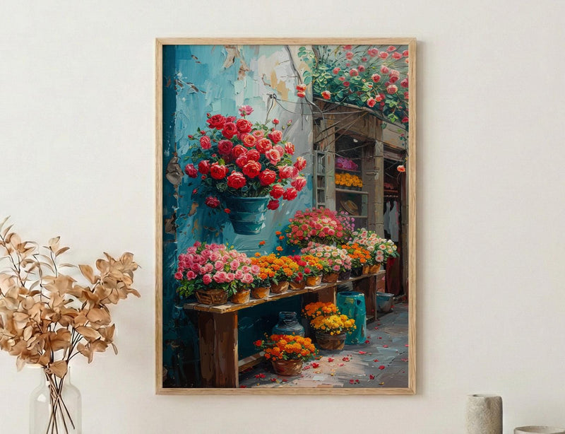 Mexico Flower Market, Red Rose Art Print - Orange Marigold Decor