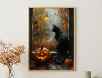 Halloween Window Wall Art, Black Cat Decor - Pumpkin Patch Rainy View