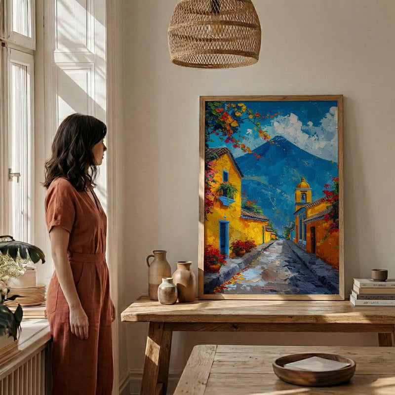 Antigua Guatemala Volcano Poster, Yellow Arch City Decor - Majestic Summer Morning Landscape Art