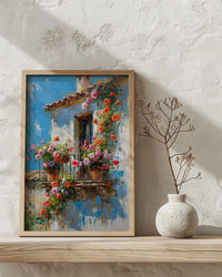 Colonial Balcony Art Print, Wrought Iron Floral Decor - Terracotta Pot Vibrant Summer Flower