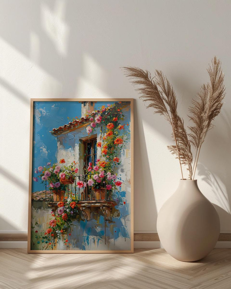 Colonial Balcony Art Print, Wrought Iron Floral Decor - Terracotta Pot Vibrant Summer Flower