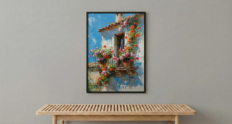 Colonial Balcony Art Print, Wrought Iron Floral Decor - Terracotta Pot Vibrant Summer Flower