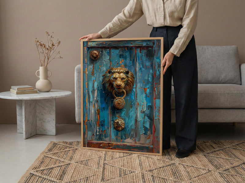 Antique Wooden Door Wall Art, Colonial Street Decor - Brass Lion Knocker Summer Shadow