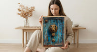 Antique Wooden Door Wall Art, Colonial Street Decor - Brass Lion Knocker Summer Shadow