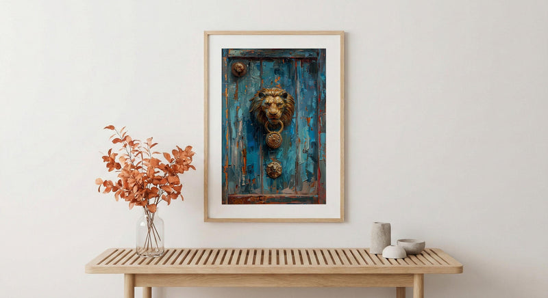 Antique Wooden Door Wall Art, Colonial Street Decor - Brass Lion Knocker Summer Shadow