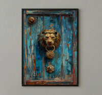 Antique Wooden Door Wall Art, Colonial Street Decor - Brass Lion Knocker Summer Shadow