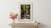Sunlit Colonial Courtyard Poster, Mexican Hacienda Home Decor - Stone Fountain Tropical Plant Summer