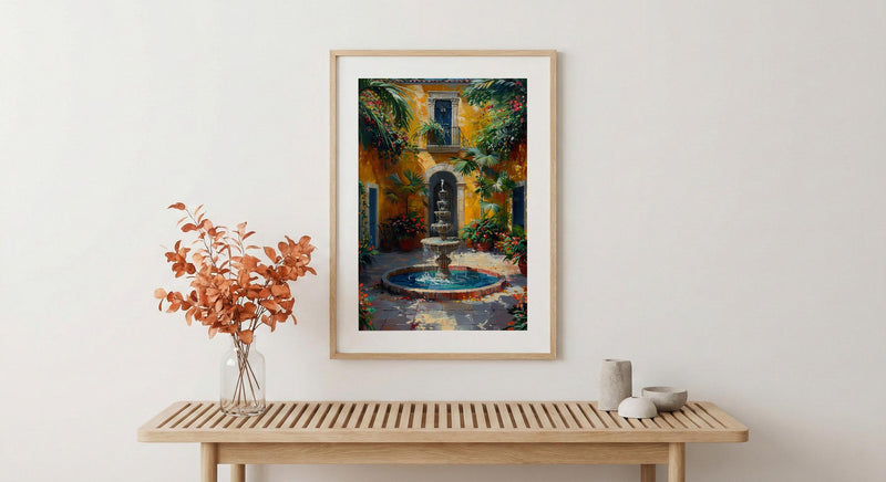 Sunlit Colonial Courtyard Poster, Mexican Hacienda Home Decor - Stone Fountain Tropical Plant Summer