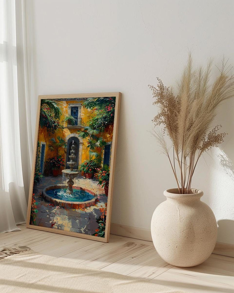 Sunlit Colonial Courtyard Poster, Mexican Hacienda Home Decor - Stone Fountain Tropical Plant Summer