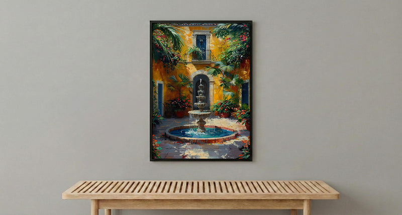 Sunlit Colonial Courtyard Poster, Mexican Hacienda Home Decor - Stone Fountain Tropical Plant Summer