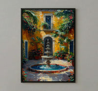 Sunlit Colonial Courtyard Poster, Mexican Hacienda Home Decor - Stone Fountain Tropical Plant Summer