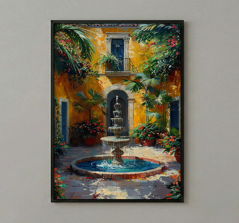 Sunlit Colonial Courtyard Poster, Mexican Hacienda Home Decor - Stone Fountain Tropical Plant Summer