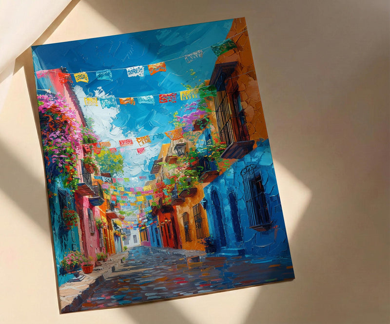 Papel Picado Street Art Print, Festive Mexico Decor - Colorful Flag Cobblestone Summer Vibe