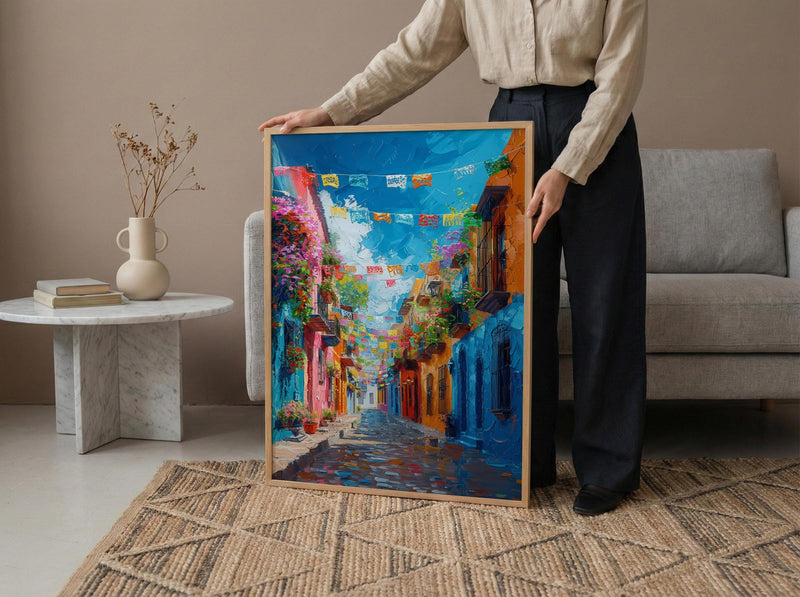 Papel Picado Street Art Print, Festive Mexico Decor - Colorful Flag Cobblestone Summer Vibe